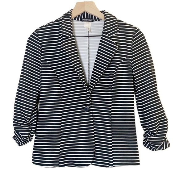 Black & White Striped Blazer with 3/4 Ruched Sleeves Large - Picture 1 of 6